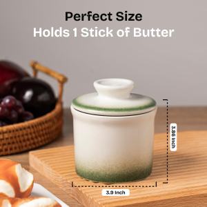 pottery butter keeper crock ceramic butter dish with water line for countertop, keep butter fresh beidge/green