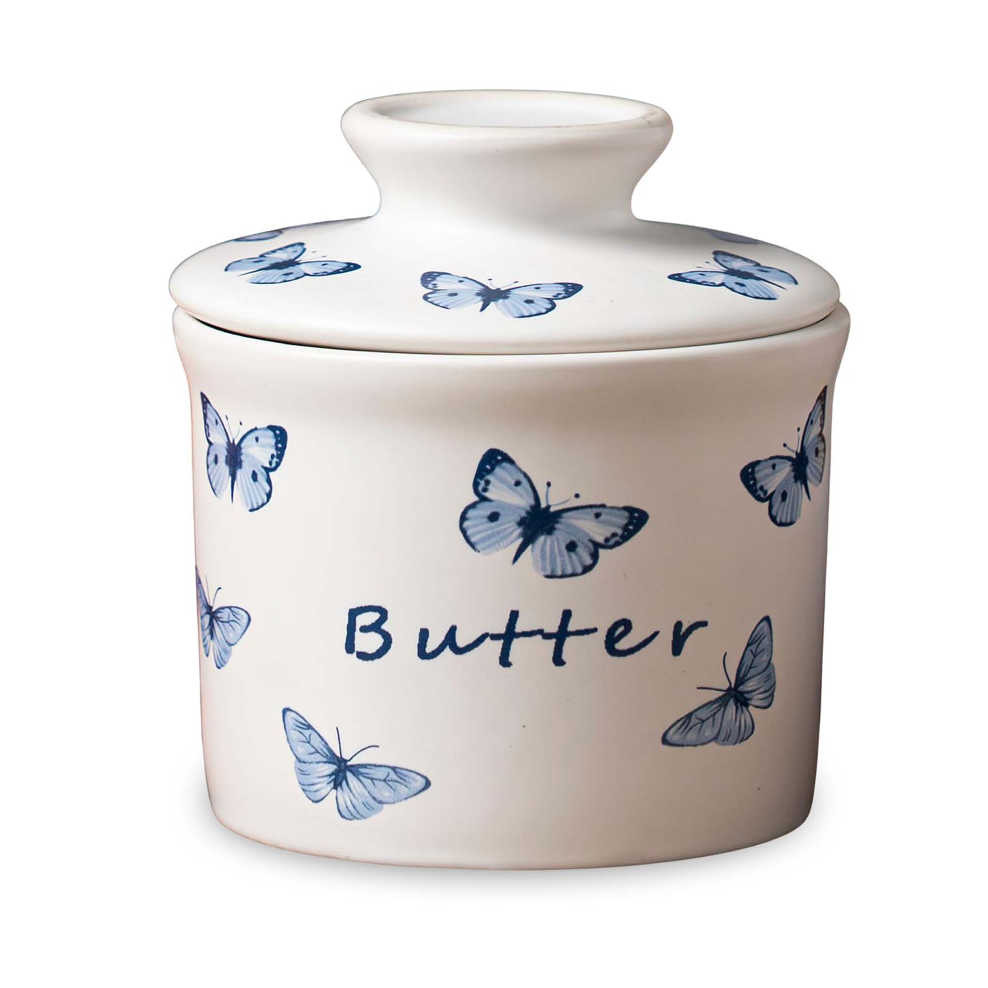 pottery butter keeper crock ceramic butter dish with water line for countertop, keep butter fresh beidge/green