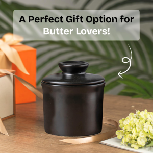 porcelain butter keeper crock ceramic butter dish with water line for countertop, keep butter fresh (black)