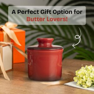 pottery butter keeper crock ceramic butter dish with water line for countertop, keep butter fresh beidge/green